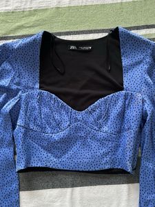 Blue Polka Dot Puff Sleeve Crop Top
