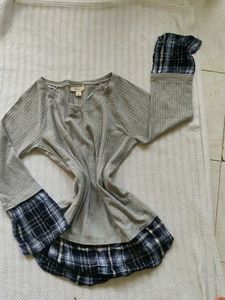 Gray Waffle Knit Tunic with Plaid Trim