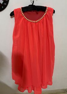 Coral Pink Dress with Pearl Neckline