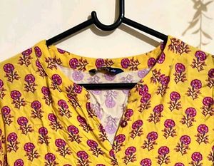 Yellow Kurta with Pink Floral Print