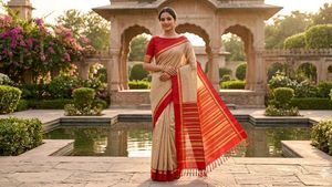 Cream saree with red border