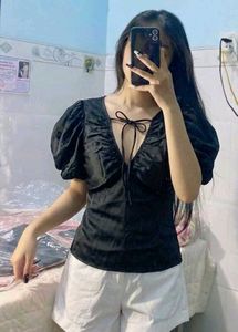 Black Puff Sleeve Tie-Front Top
