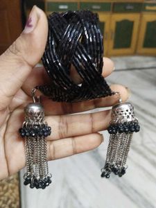 Black Beaded Bracelet with Tassels