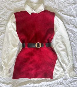 Alamode by akanksha Red Knit Vest With White shirt