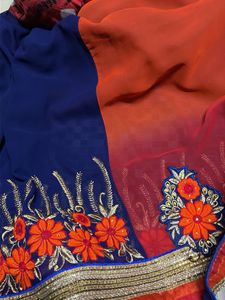 Embroidered Blue &amp; Orany Saree 🔥