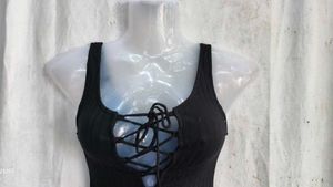 Black Lace-Up Ribbed Tank Top