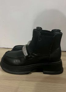 Chunky Black Boots with Rhinestone Detail