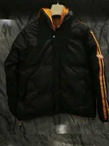 Men's Black Puffer Jacket with Orange Accents