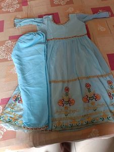 Sky Blue Embroidered Anarkali Suit Set