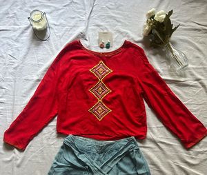 Red Embellished Crop Top &amp; Teal Palazzos