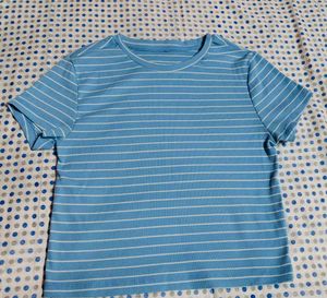 Blue Striped Ribbed Crop Top