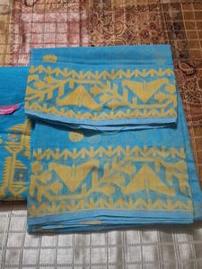 Blue cotton jamdani Kurta with Yellow Embroidery