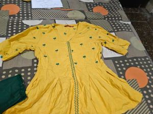 Yellow Kurta Set with Green Pants