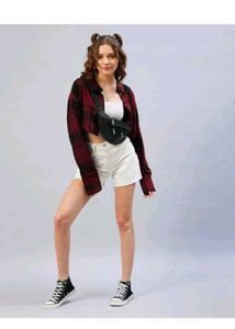 Maroon Plaid Cropped Shirt