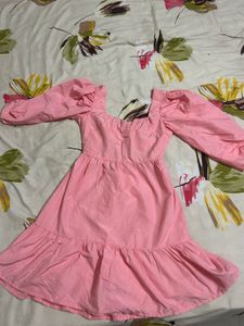 Pink Puff Sleeve Square Neck Dress