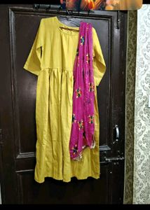 Yellow Kurta with Embroidered Dupatta Set