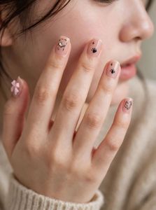Cute Pink Square Press-On Nails  Puppy Paw &amp; Bow D
