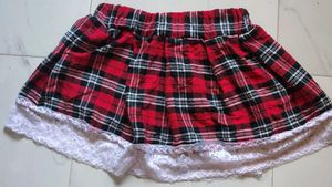 Red Plaid Mini Skirt with Lace Trim