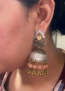 Elegant Jhumka Earrings with Peach Beads