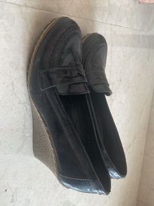 Leather High Heel Black Wedges - size 40
