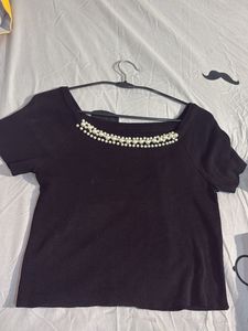 Chic Black Pearl Embellished Top