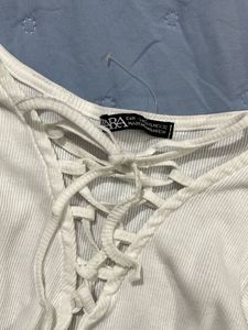ZARA White Lace-Up Knit Top