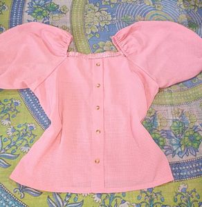 Pink Puff Sleeve Button-Down Top