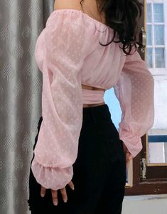 Pink Sheer Puff Sleeve Crop Top