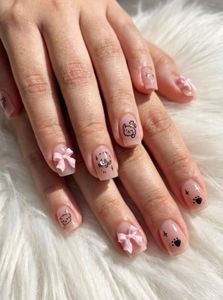 Cute Pink Square Press-On Nails  Puppy Paw &amp; Bow D