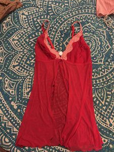 Red Lace Trim Chemise Nightgown