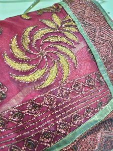 net Embroidered Maroon Saree