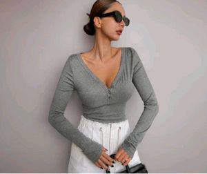 Women's Ribbed Henley V-Neck Long Sleeve
