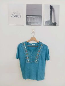 Blue Embroidered Boho Blouse
