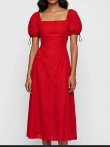 Ginger Red Puff Sleeve Square Neck Dress
