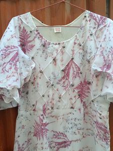 White Kurta with Pink Fern Print