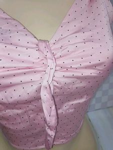 (514)Pink Polka Dot Tie-Front Crop Top
