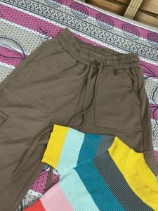 Brown Cargo Pants &amp; Rainbow Knit Top Set
