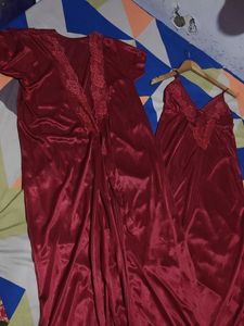 Elegant Red Satin Robe Nighty dress
