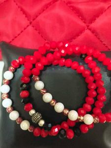 Vibrant Red crystal, white pearl Bracelet Set