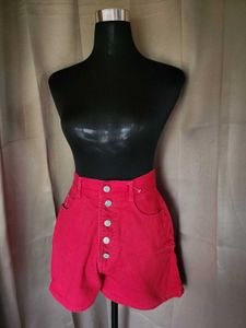 Red High-Waisted Button Fly Shorts