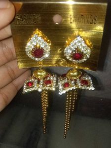Stunning Gold Earrings with Red &amp; White Stones