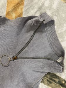 Grey Zip Neck Ribbed Tank Top