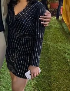 MISSMOSA Black Dress with Flat Rhinestones