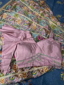 Designer Pink Brocade Blouse &amp; Printed Lehenga Set