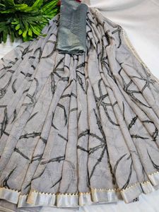 Elegant grey colour Printed Saree with blouse