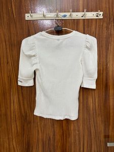 White Ribbed Puff Sleeve Top