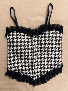 Houndstooth Corset Top with Lace Trim