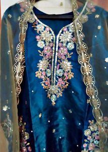Embroidered blueish- green kurta with plazo and d