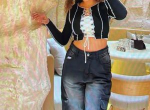 Black Lace-Up Ribbed Long Sleeve Top