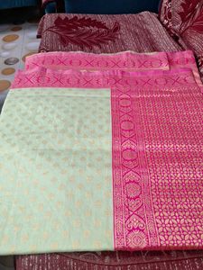 Elegant Banarsi Silk Saree with Pink Border